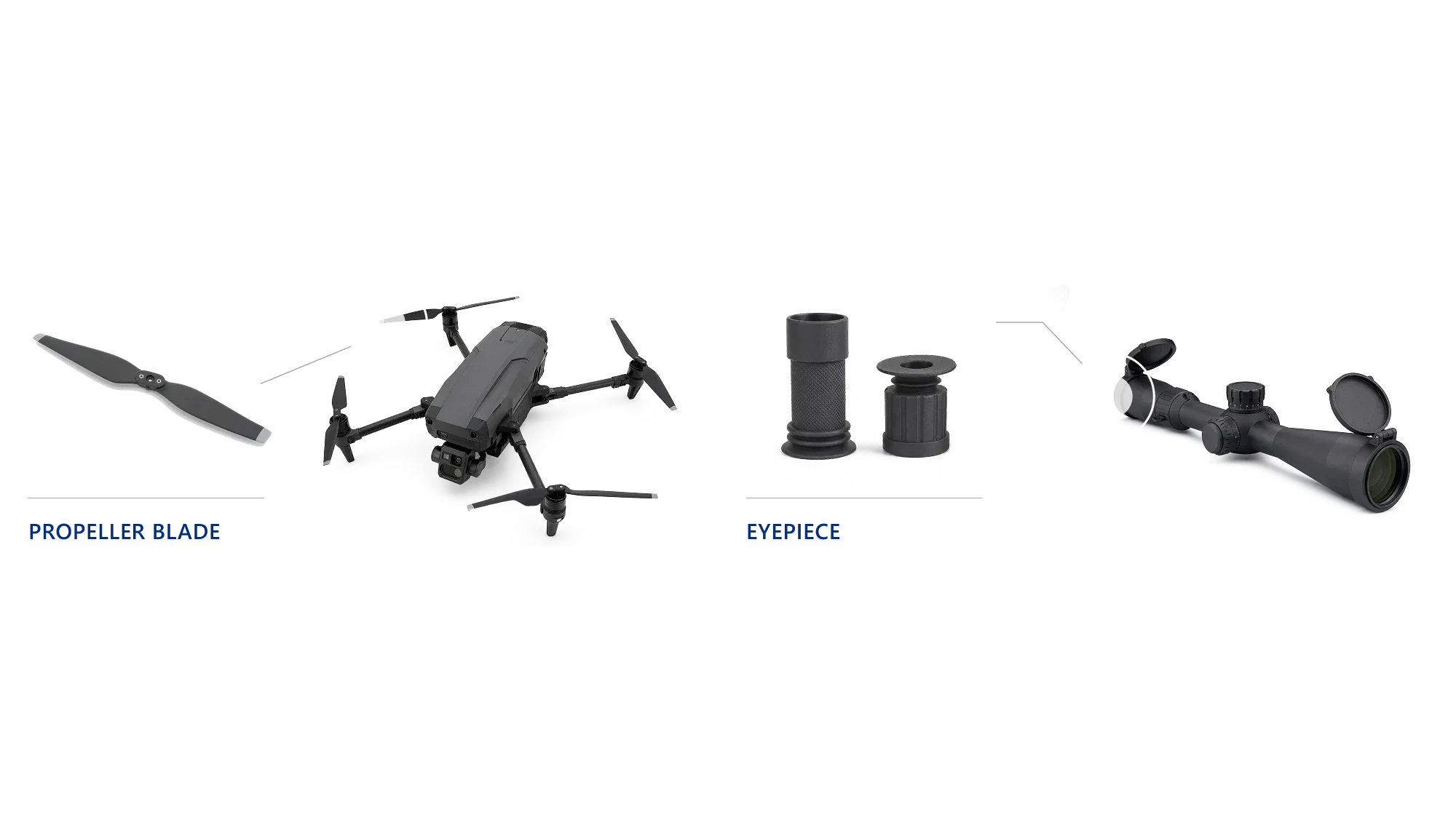 Molded two-blade drone propeller with a fastener-drilled center hub, shown with a folding quadcopter UAV, and two molded eyepiece components shown with a rifle scope and its flip-up lens caps.