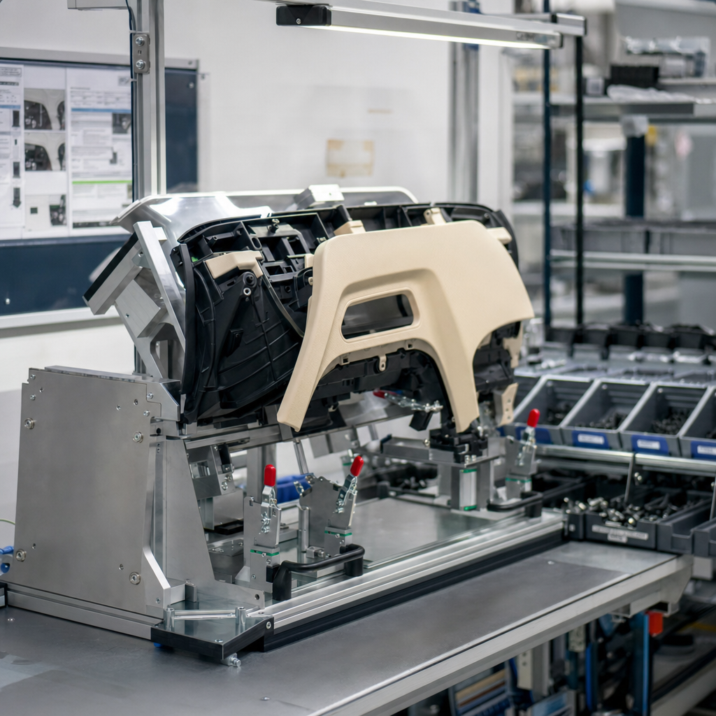 Industrial manufacturing setup with a beige plastic car dashboard component attached to a robotic assembly line in a factory.