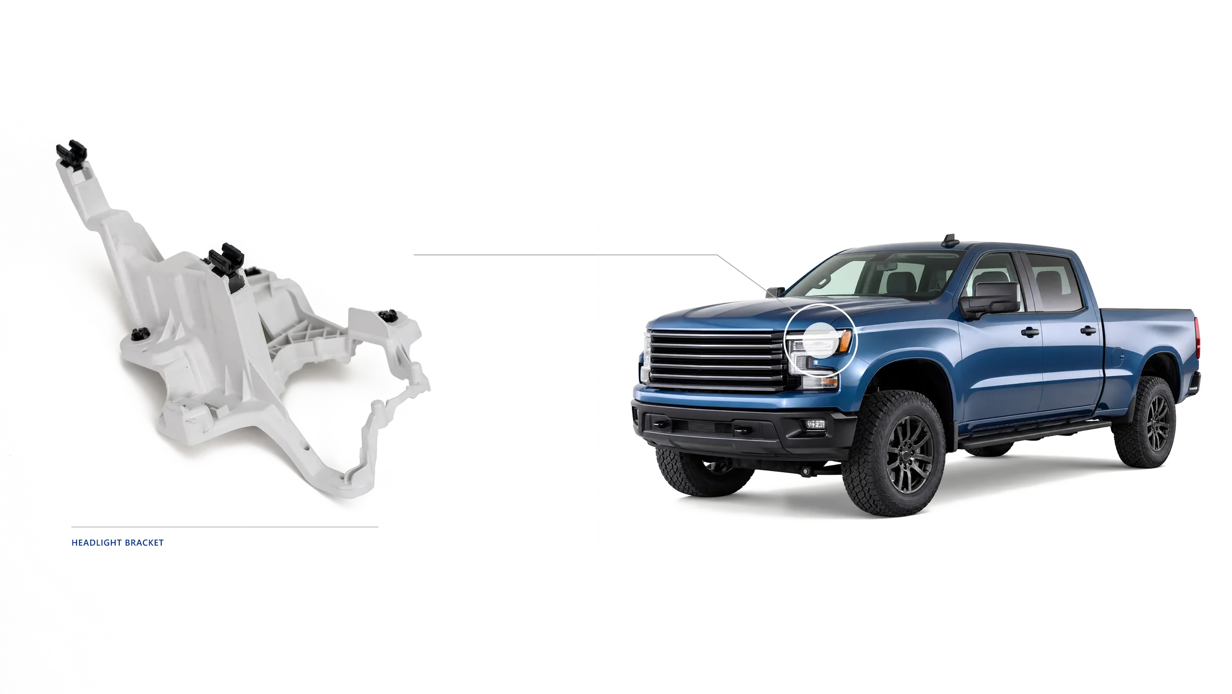BMC thermoset composite headlight bracket for pickup truck, injection molded by NEXXTA for heat resistance, vibration dampening, and structural integrity in automotive lighting applications.
