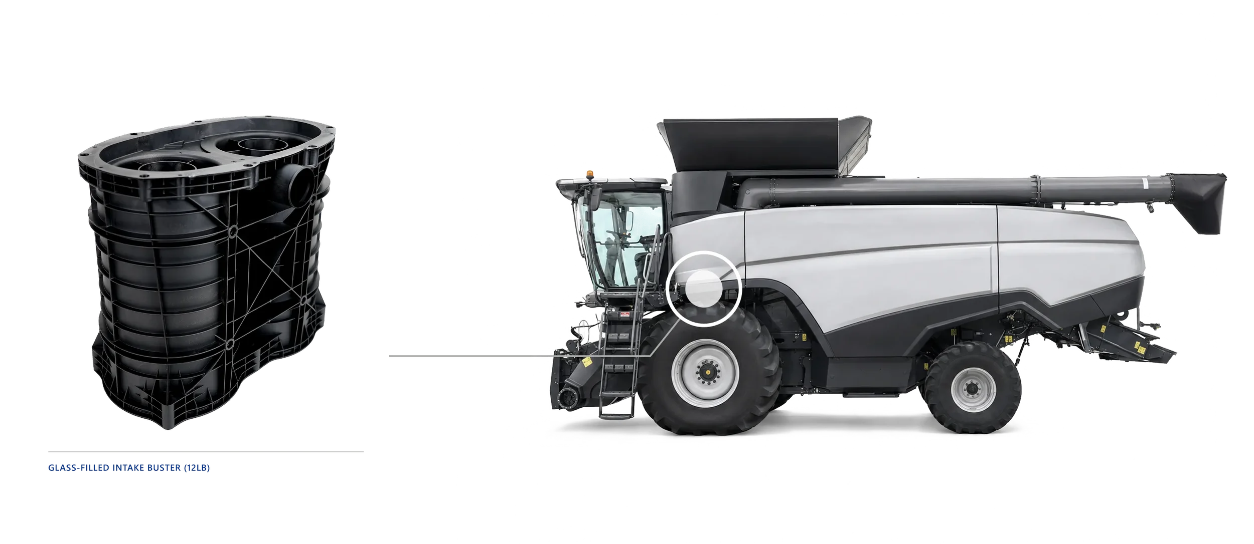 Glass-filled nylon structural component for heavy equipment, high-tonnage injection molded by NEXXTA for oversized single-shot parts up to 12 pounds in agricultural and industrial applications.