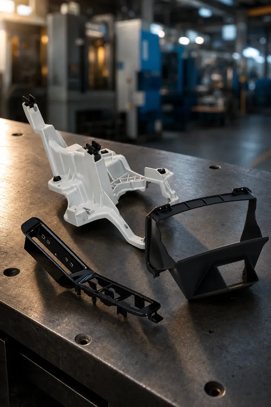 Three injection-molded plastic parts (a white structural bracket, a glossy black bezel, and a matte black display surround) on a steel tooling bench at a NEXXTA molding plant