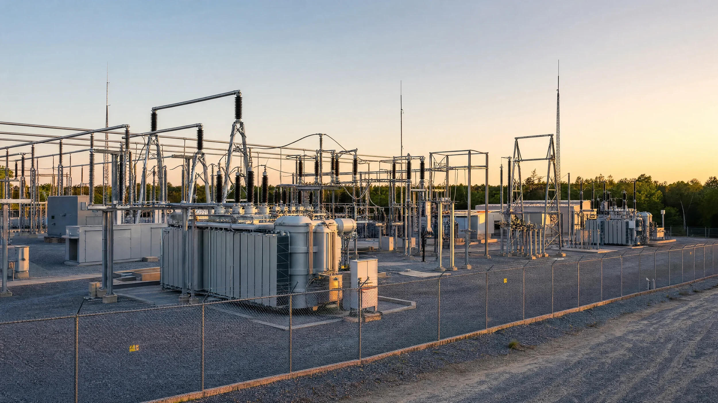 Electrical power substation at sunset with transformer banks and high-voltage infrastructure, representing NEXXTA's professional infrastructure manufacturing for energy grid, industrial automation, and commercial equipment components.