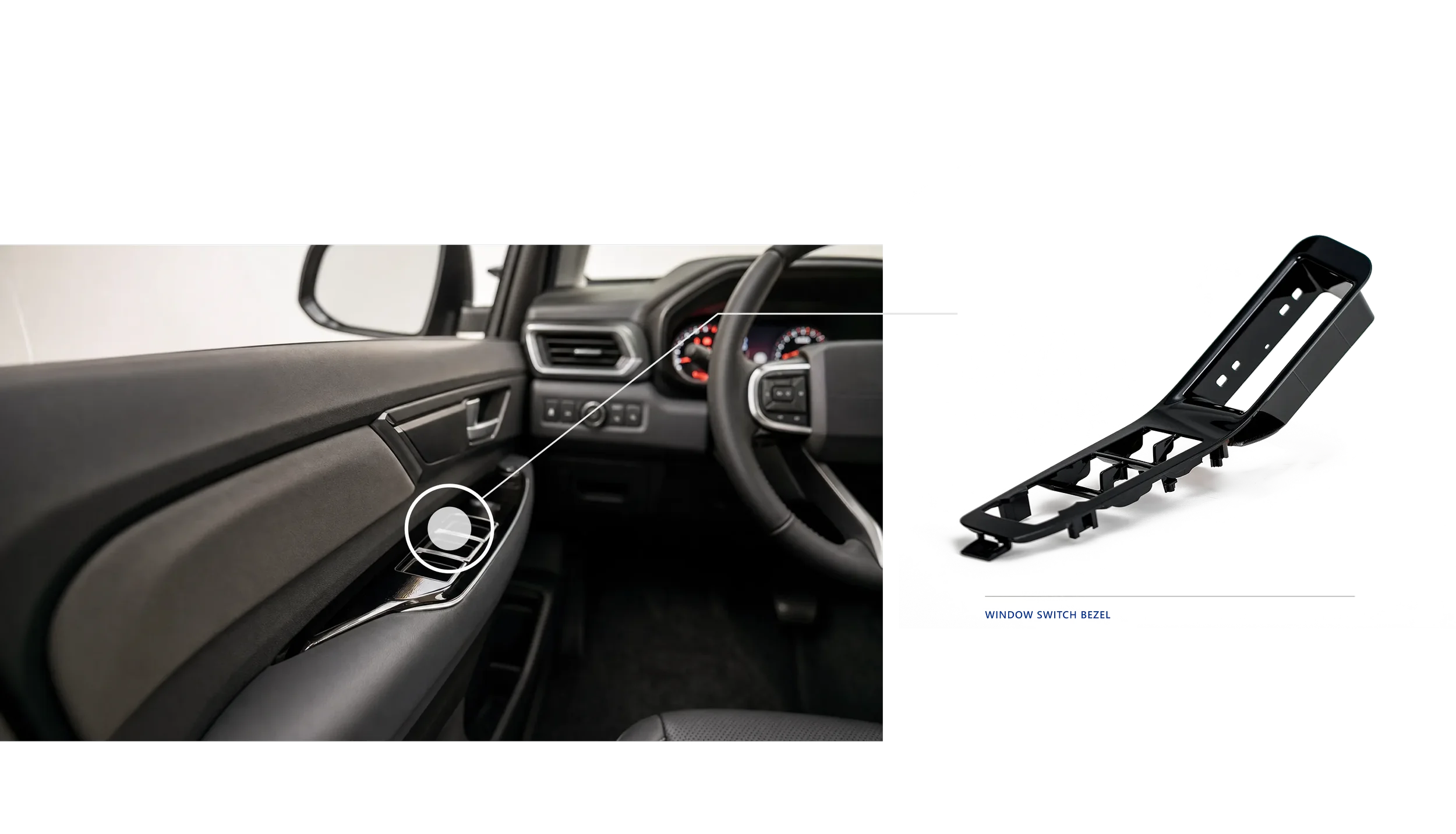 Piano black high-gloss window switch bezel for automotive interior, multi-layer paint and polish finish by NEXXTA targeting 90+ gloss and tight DOI standards.
