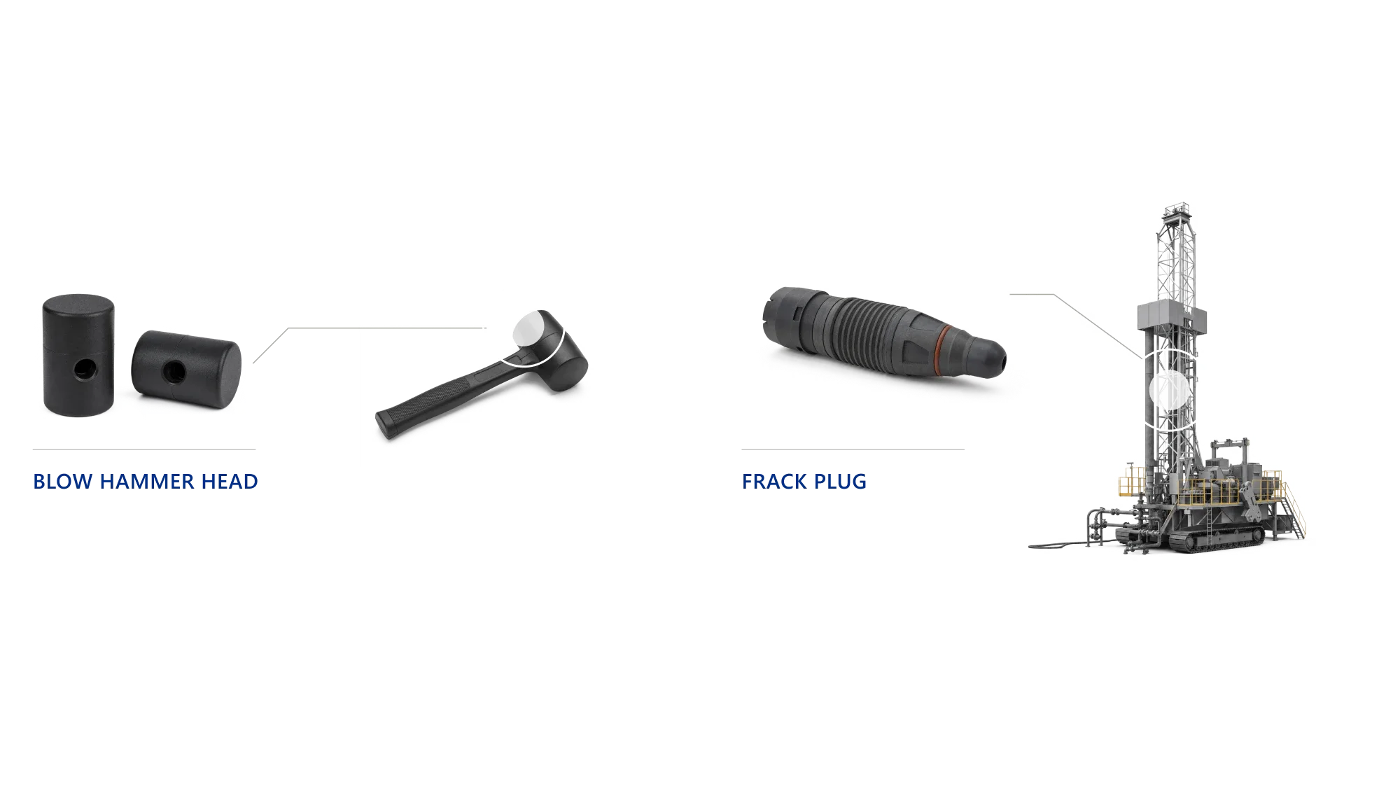 Two molded dead-blow hammer head shells shown with a finished mallet, and a ribbed downhole frack plug with a seal ring shown beside a drilling rig.