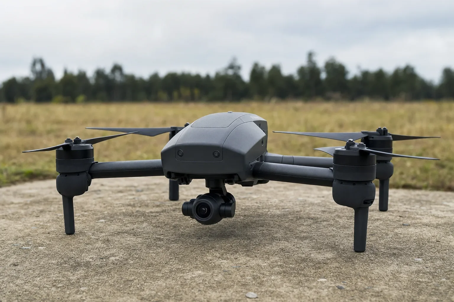 Professional quadcopter drone on a concrete launch pad, representing NEXXTA's defense and aerospace manufacturing of ruggedized structural housings, drone blade assemblies, and mission-critical molded components.