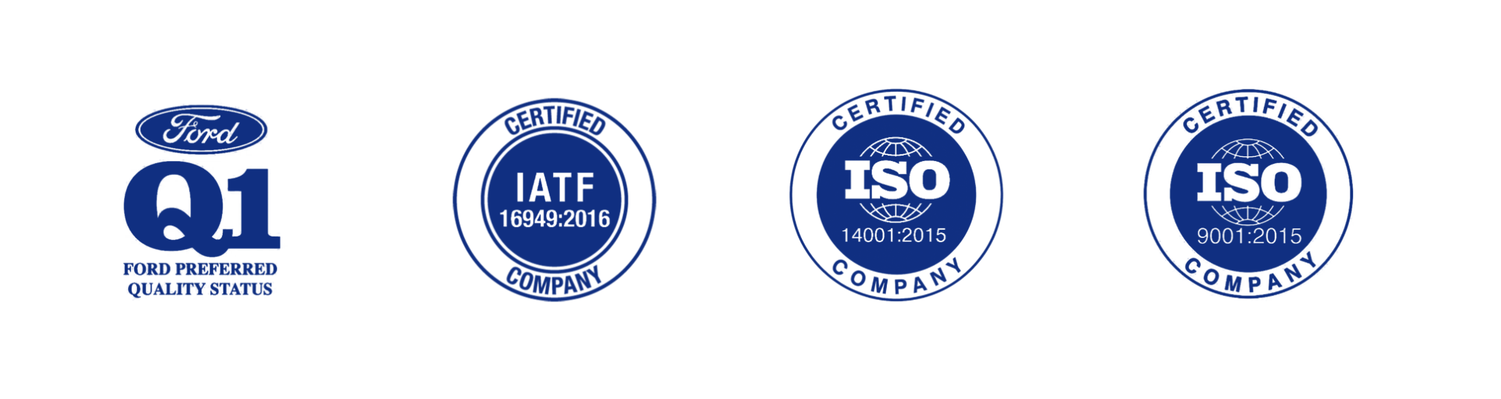 Series of certification logos including Ford preferred quality status, IATF 16949:2016, ISO 14001:2015, and ISO 9001:2015.