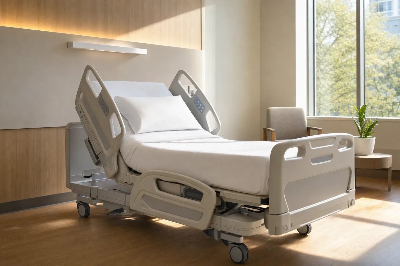Modern full-electric hospital bed in a bright clinical setting, representing NEXXTA's precision-molded medical device components and assemblies manufactured to demanding healthcare quality and safety standards.