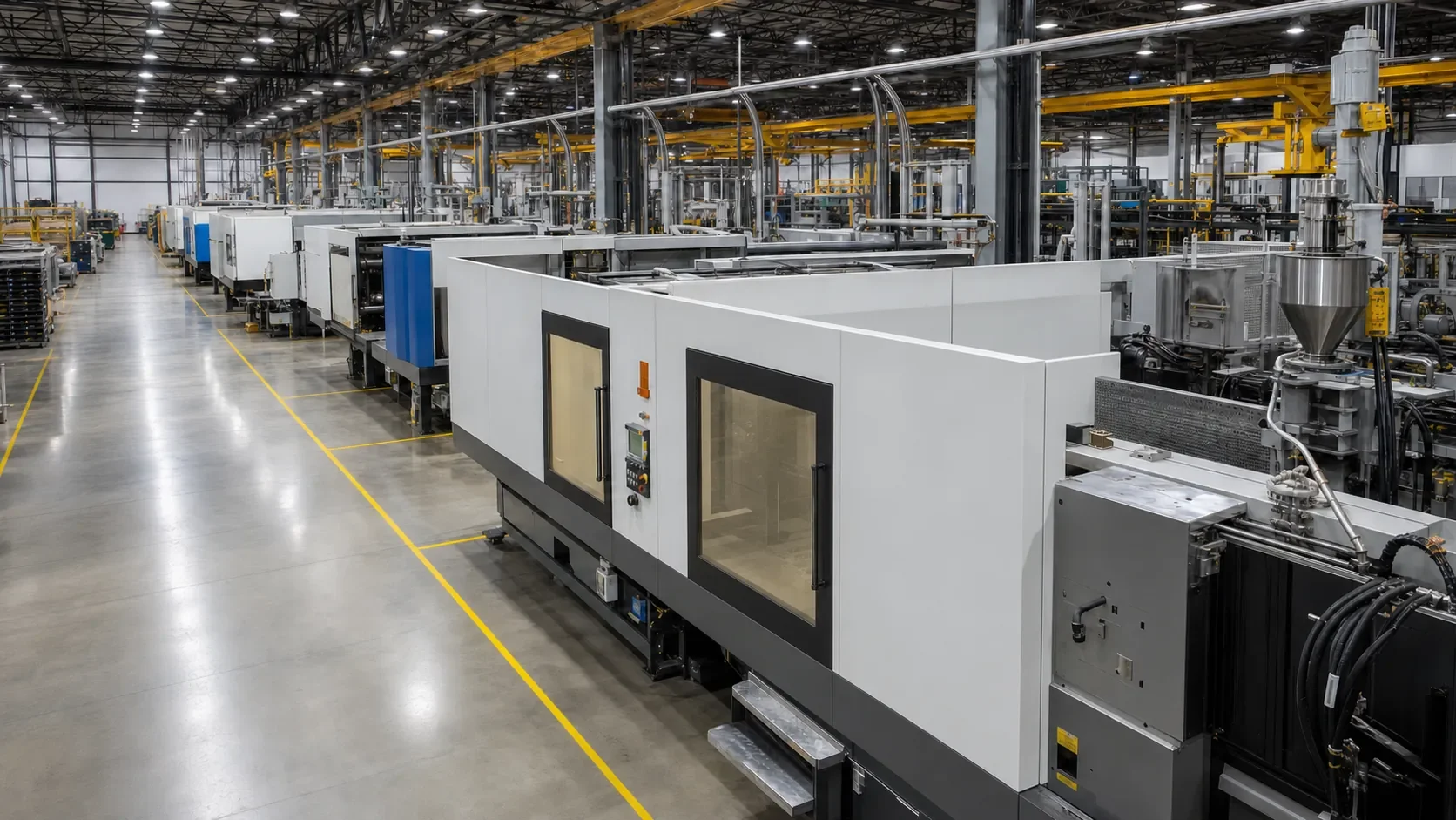 Row of injection molding presses with white safety guarding on a clean factory floor at a NEXXTA plant, with a yellow walkway line down the aisle.