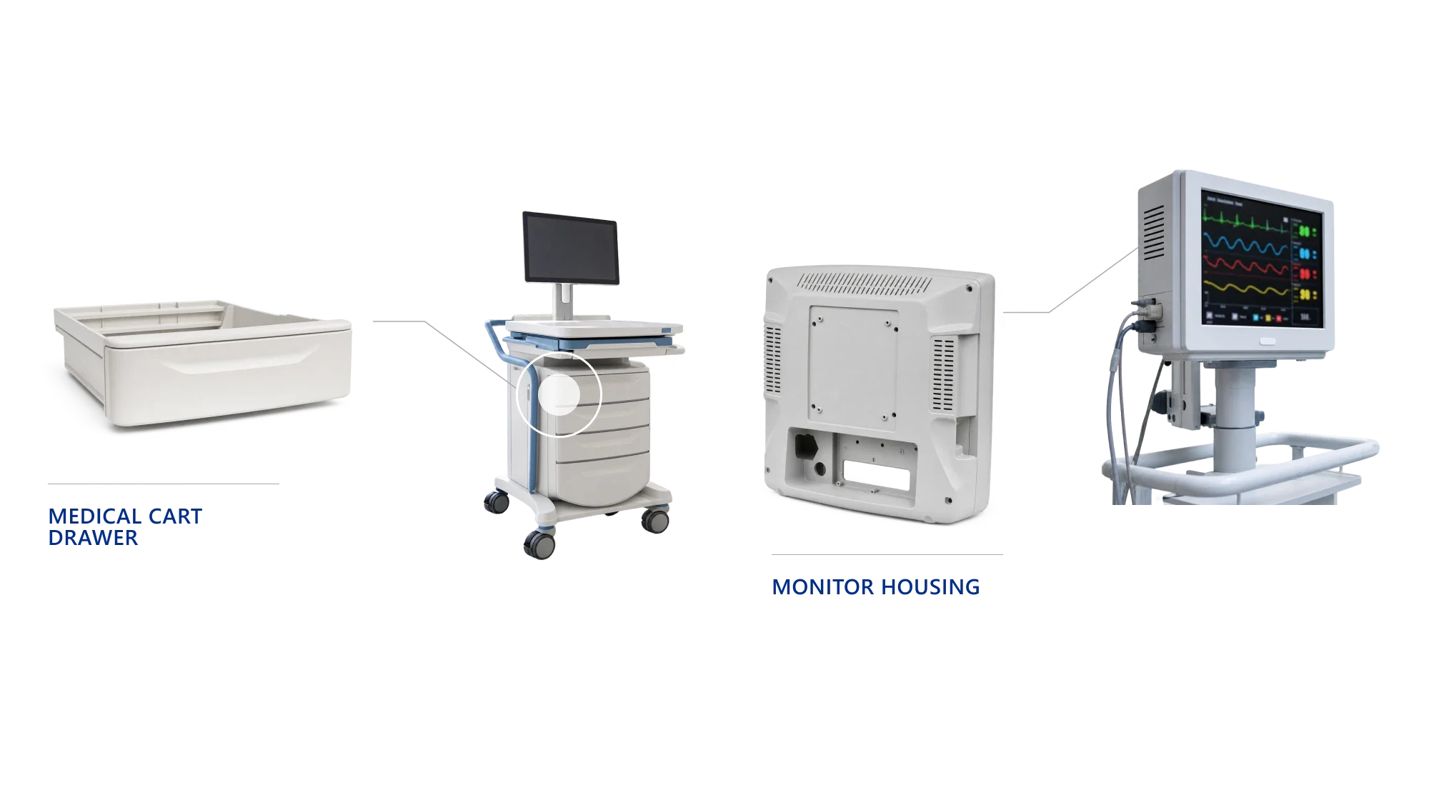 Molded medical cart drawer shown with a mobile clinical workstation, and a molded rear monitor housing shown with a patient monitor on a rolling stand.