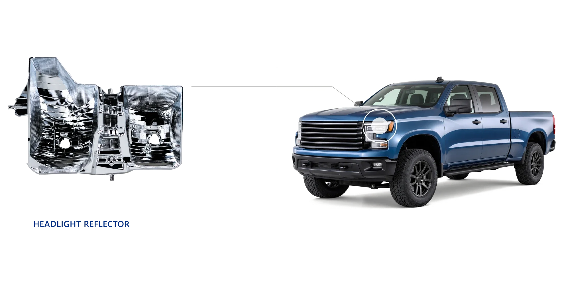 PVD vacuum-metallized headlight reflector with a chrome-like, hexavalent-chromium-free finish, shown beside the headlight of a blue pickup truck.
