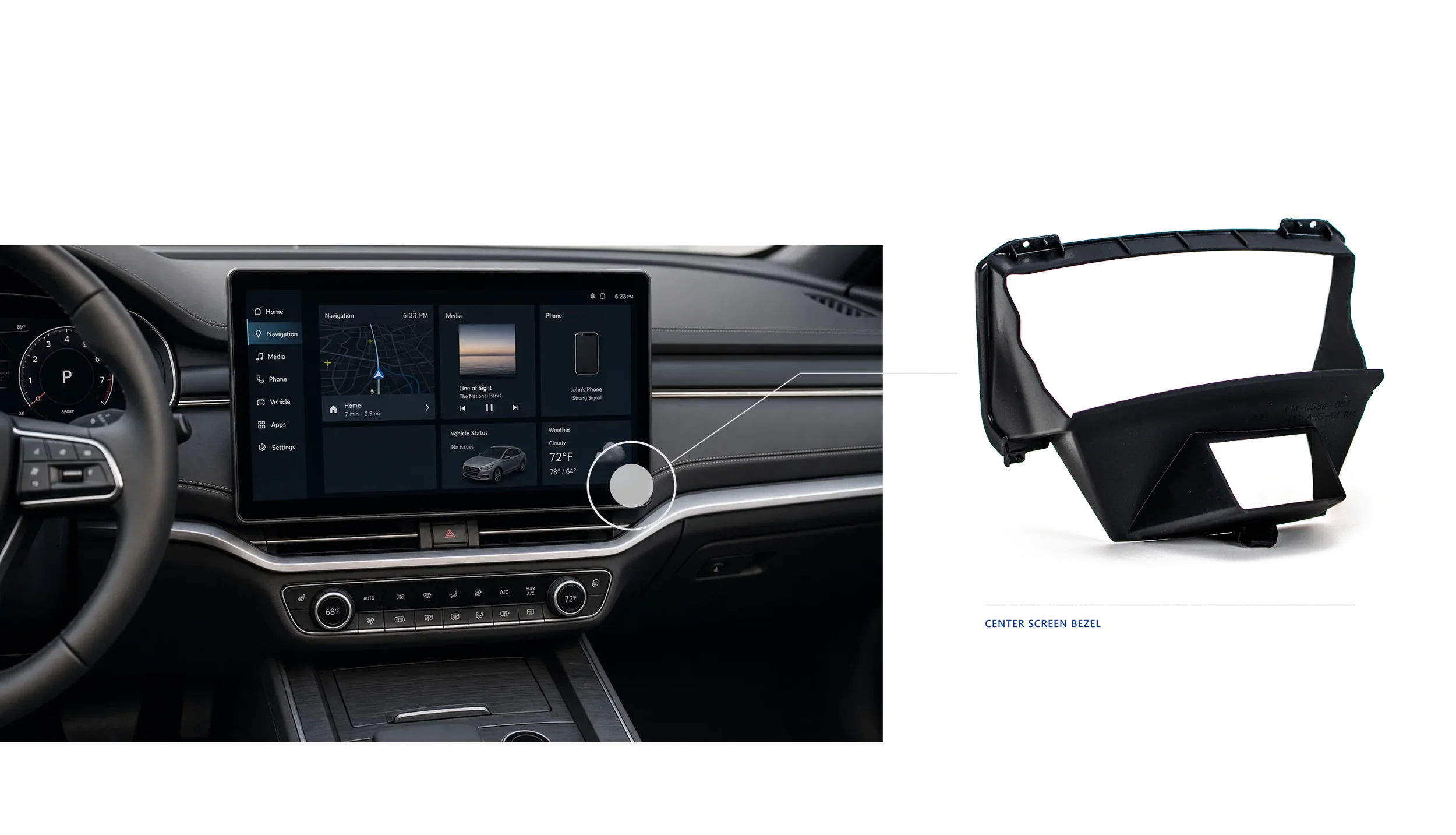 Automotive center screen bezel with soft-touch paint finish, injection molded by NEXXTA for premium vehicle interior infotainment trim applications.