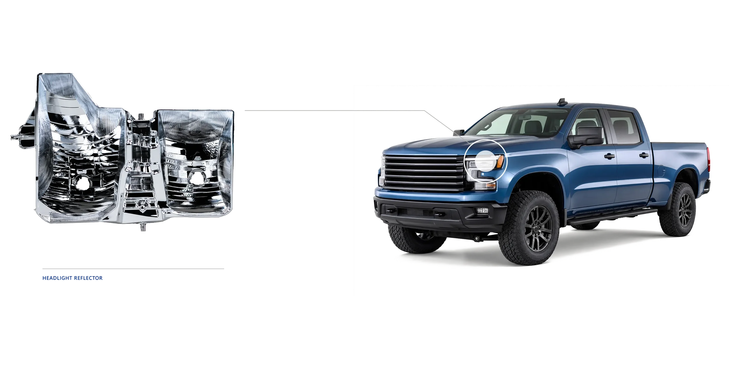 PVD vacuum-metallized automotive headlight reflector with chrome-like finish, produced by NEXXTA as a hexavalent-chromium-free alternative for OEM and Tier 1 lighting applications.