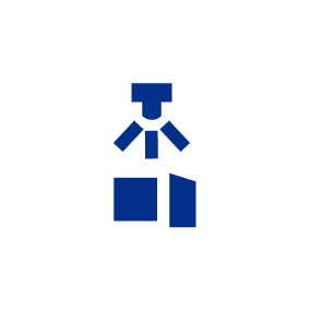 Blue icon of a person in a suit with a tie, holding a briefcase.