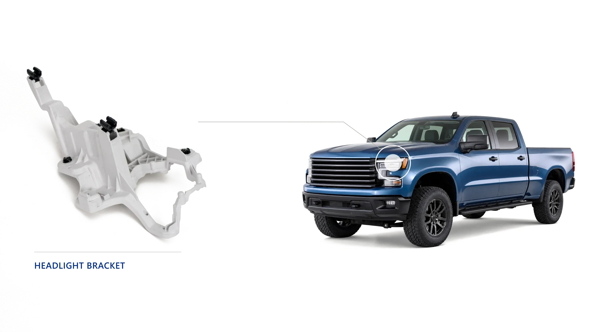 White BMC thermoset headlight bracket, injection molded by NEXXTA, shown beside the front headlight assembly of a blue crew-cab pickup truck.