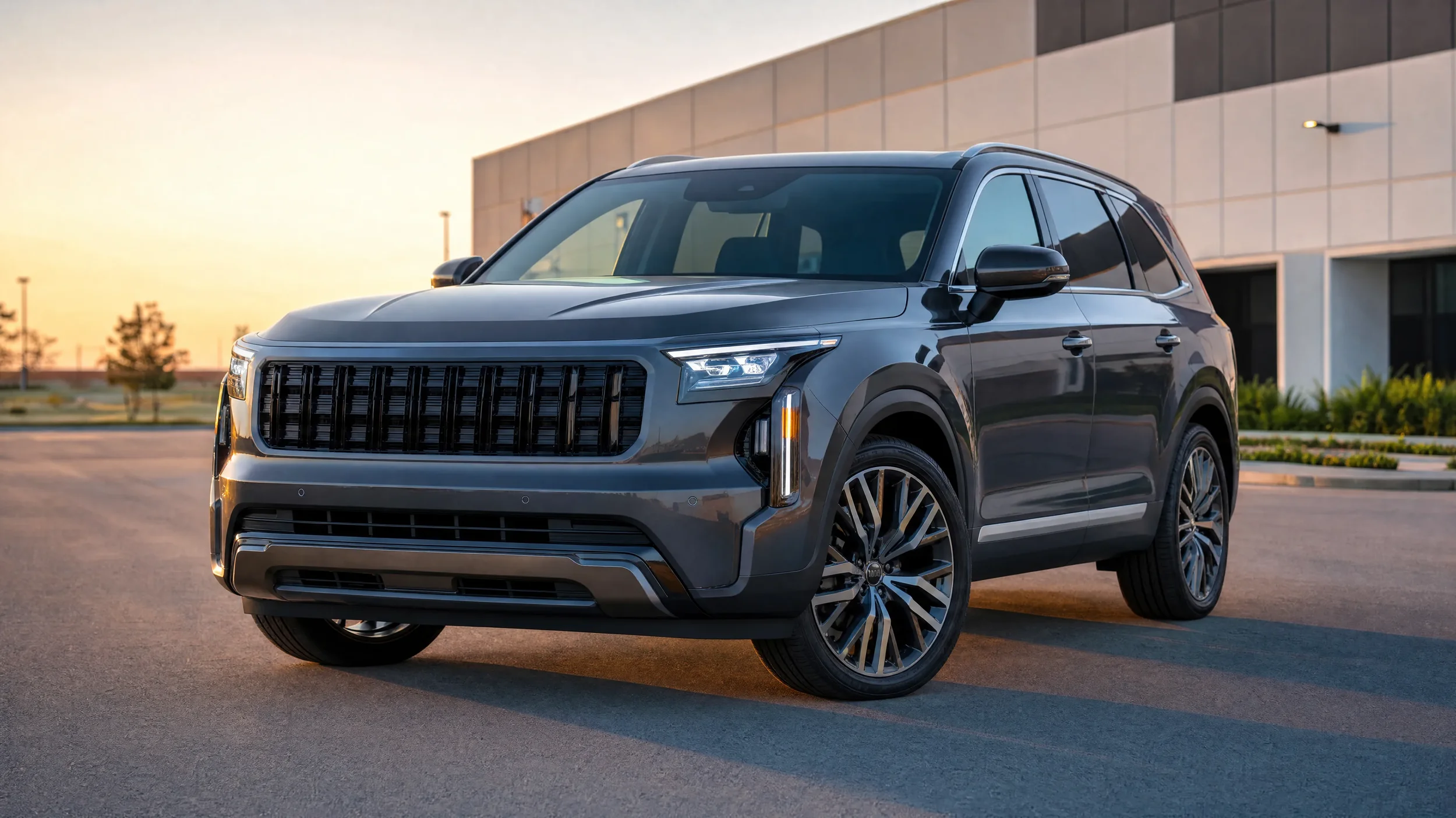 Modern luxury SUV at golden hour in front of an industrial facility, representing NEXXTA's automotive and transportation manufacturing capabilities for OEM interior, exterior, and structural vehicle components.