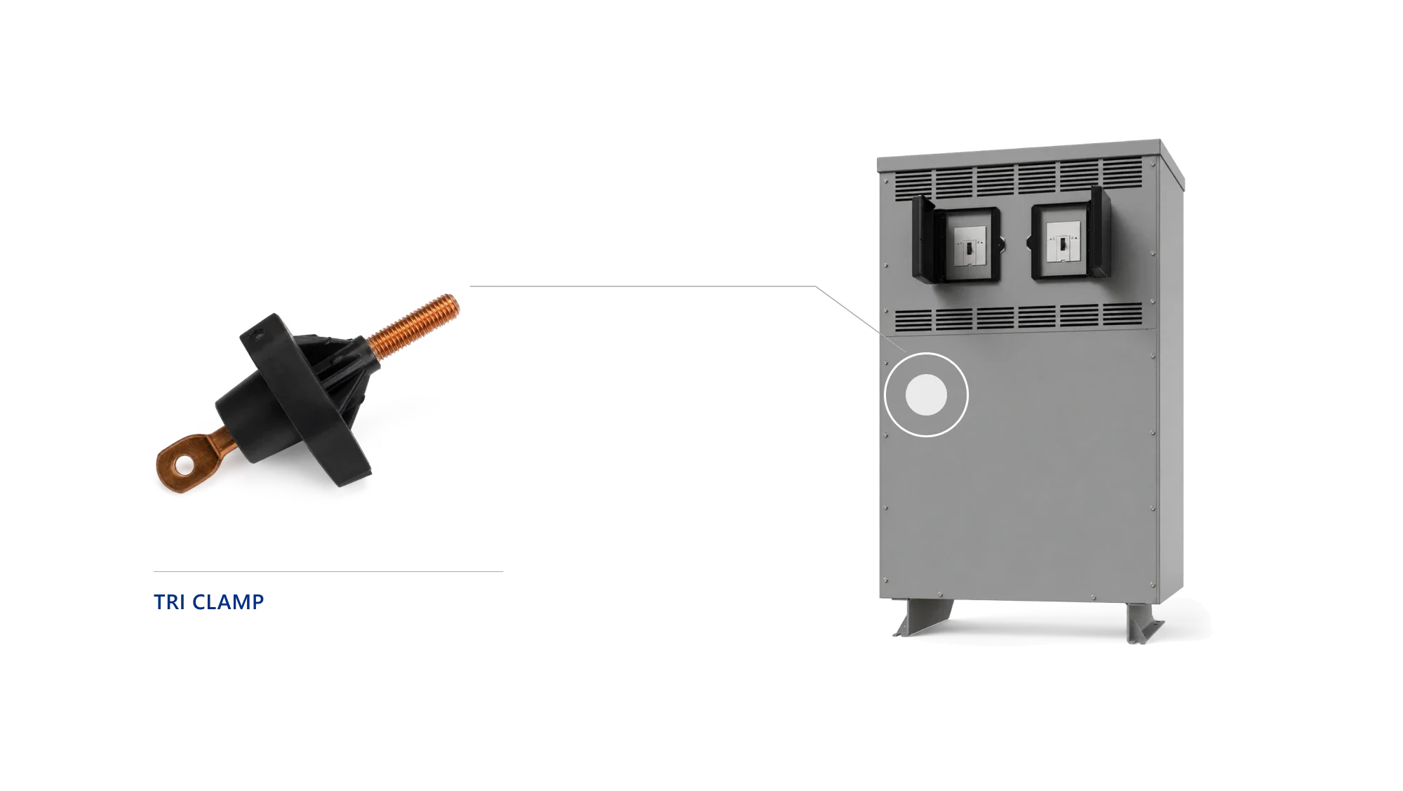 Molded tri-clamp connector with a copper threaded stud and lug, shown beside a pad-mounted electrical distribution transformer.