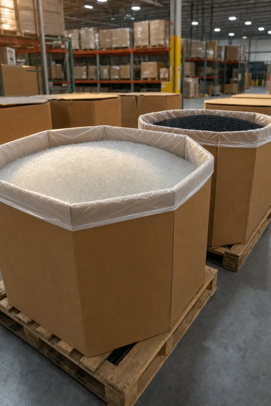 Gaylord boxes lined with poly bags holding clear resin pellets and black nylon granules, stacked on wooden pallets in a NEXXTA material warehouse.
