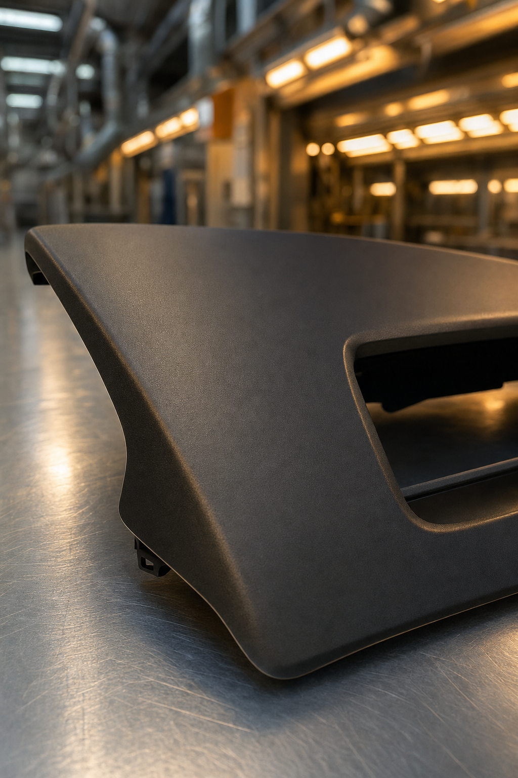 Close-up of a black car dashboard or center console component on a metallic surface in an industrial setting.