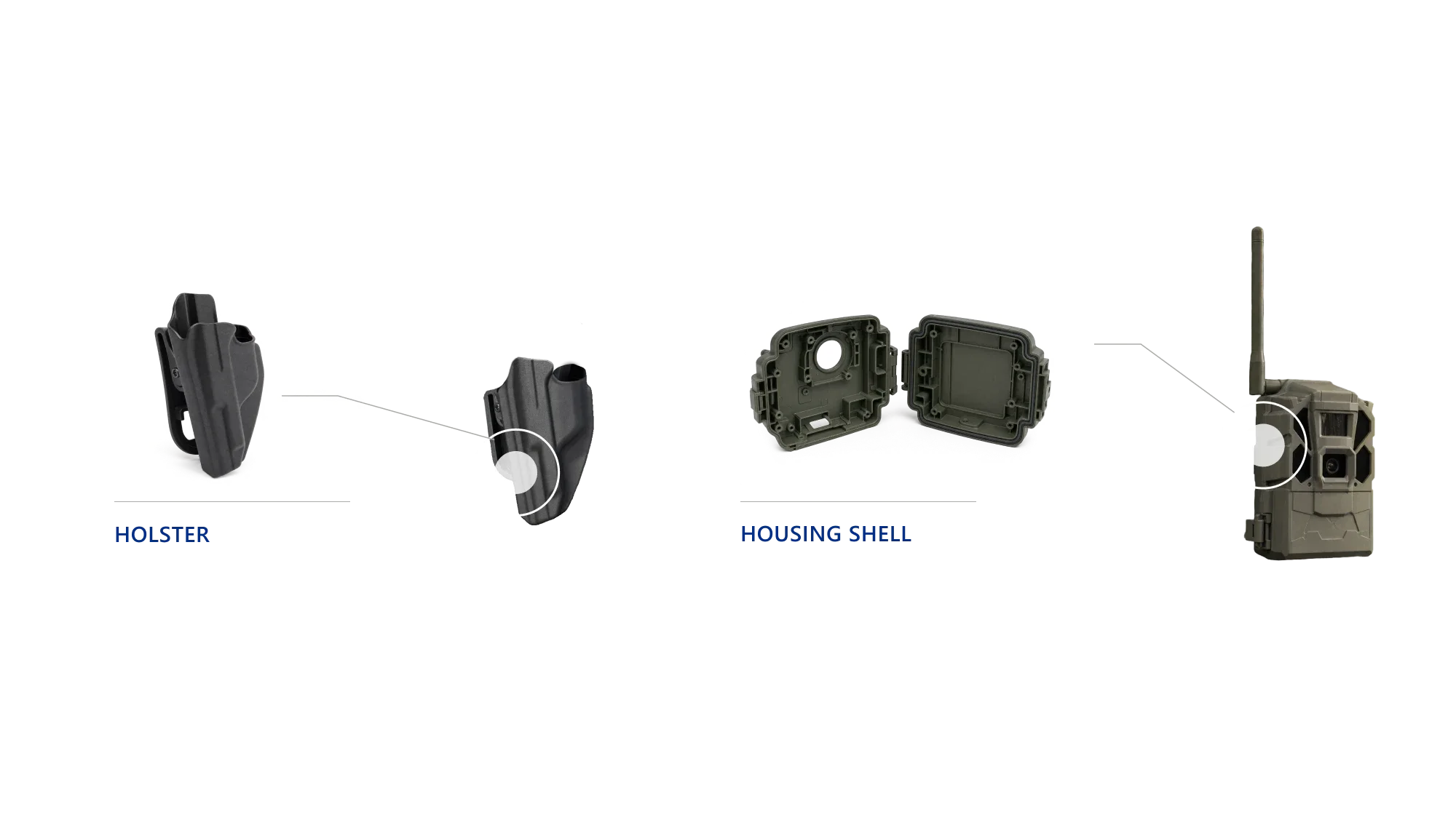 Molded holster shell shown from two angles, and a two-piece olive drab molded housing shell shown with a ruggedized outdoor trail camera.