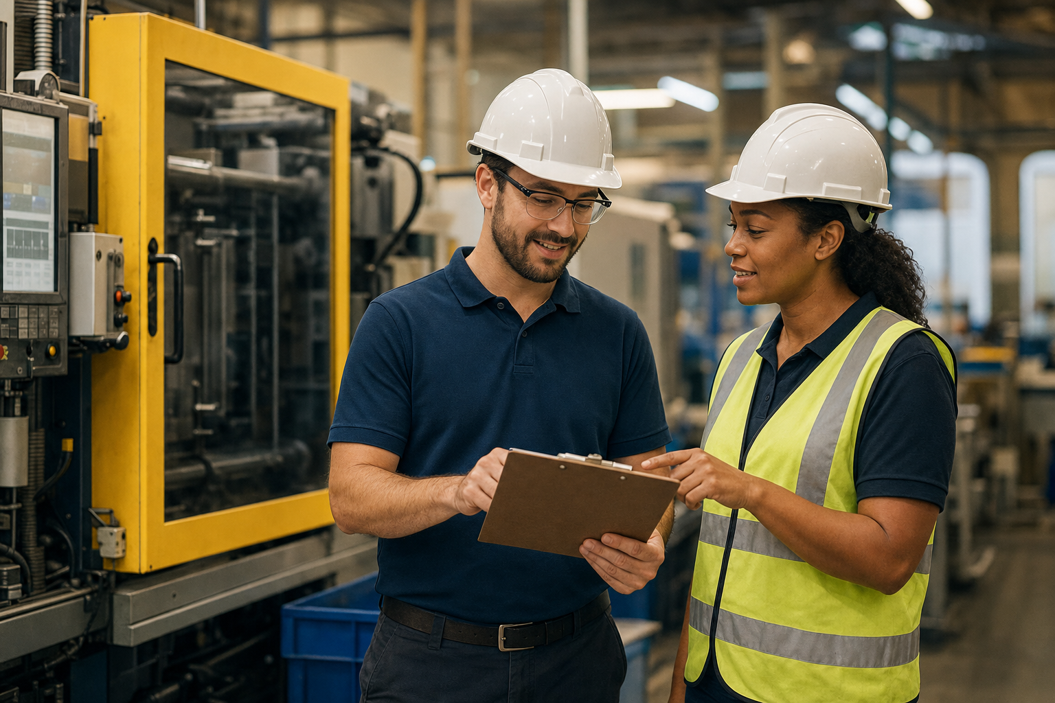 Two factory workers, a man and a woman, wearing safety helmets and uniforms, standing and talking while holding a clipboard in an industrial setting.