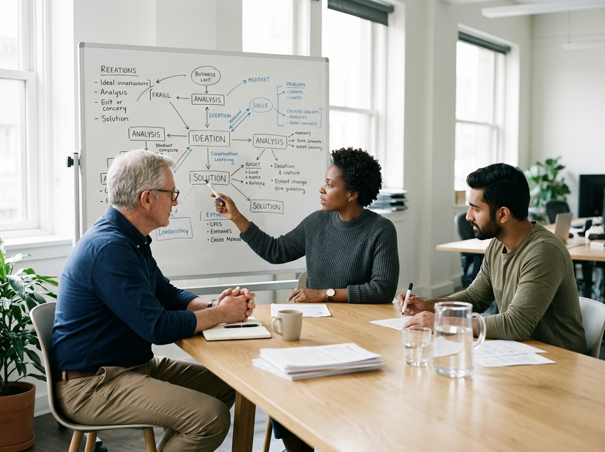Three people in a meeting room discussing a whiteboard filled with charts and notes.