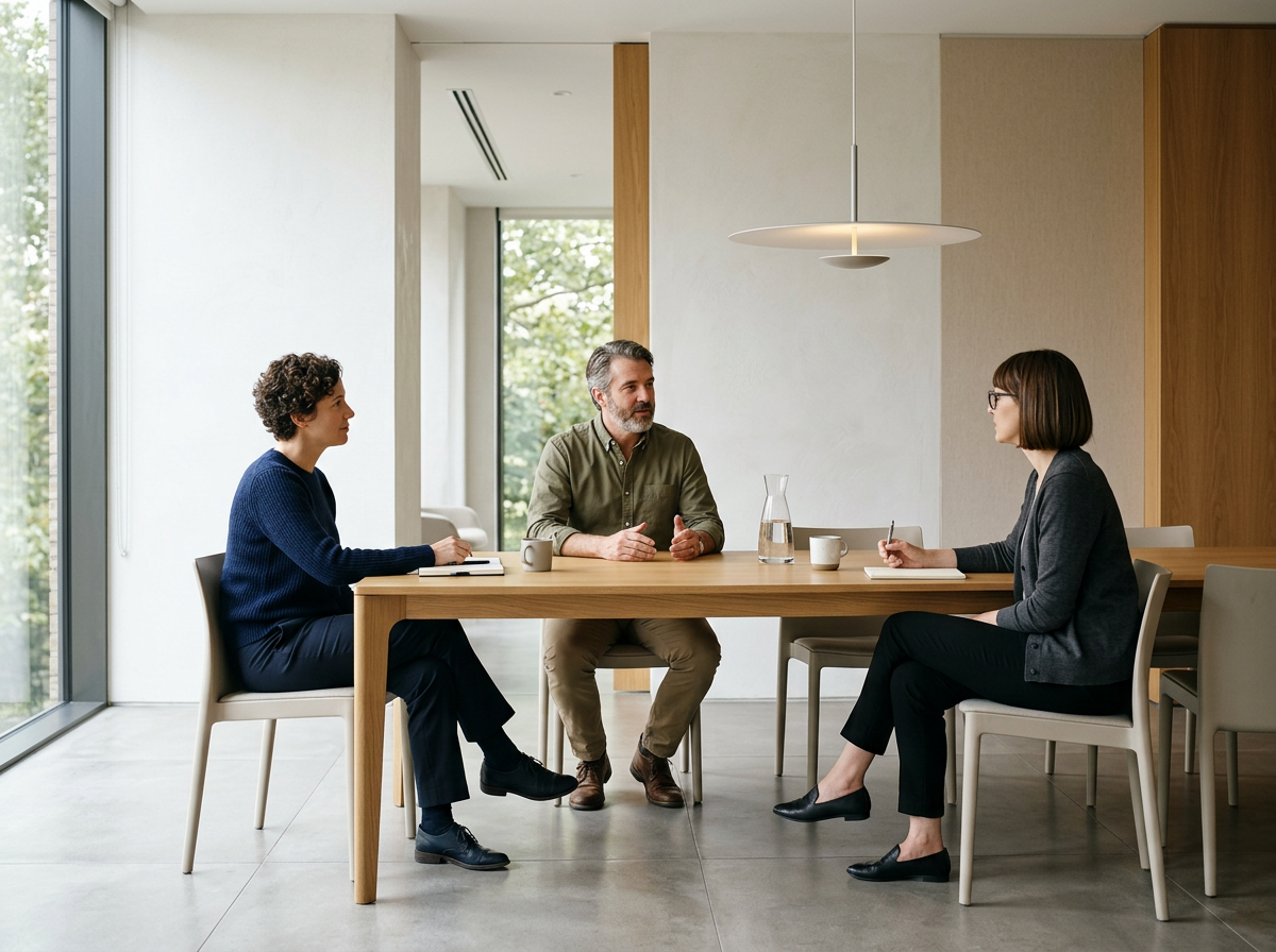 Three people sitting at a wooden table in a bright, modern room, having a discussion. There is a glass of water, a pitcher, and cups on the table.