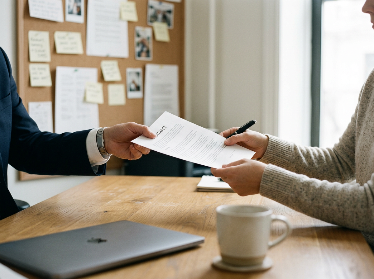 Person in a suit handing a contract to another person during a meeting.