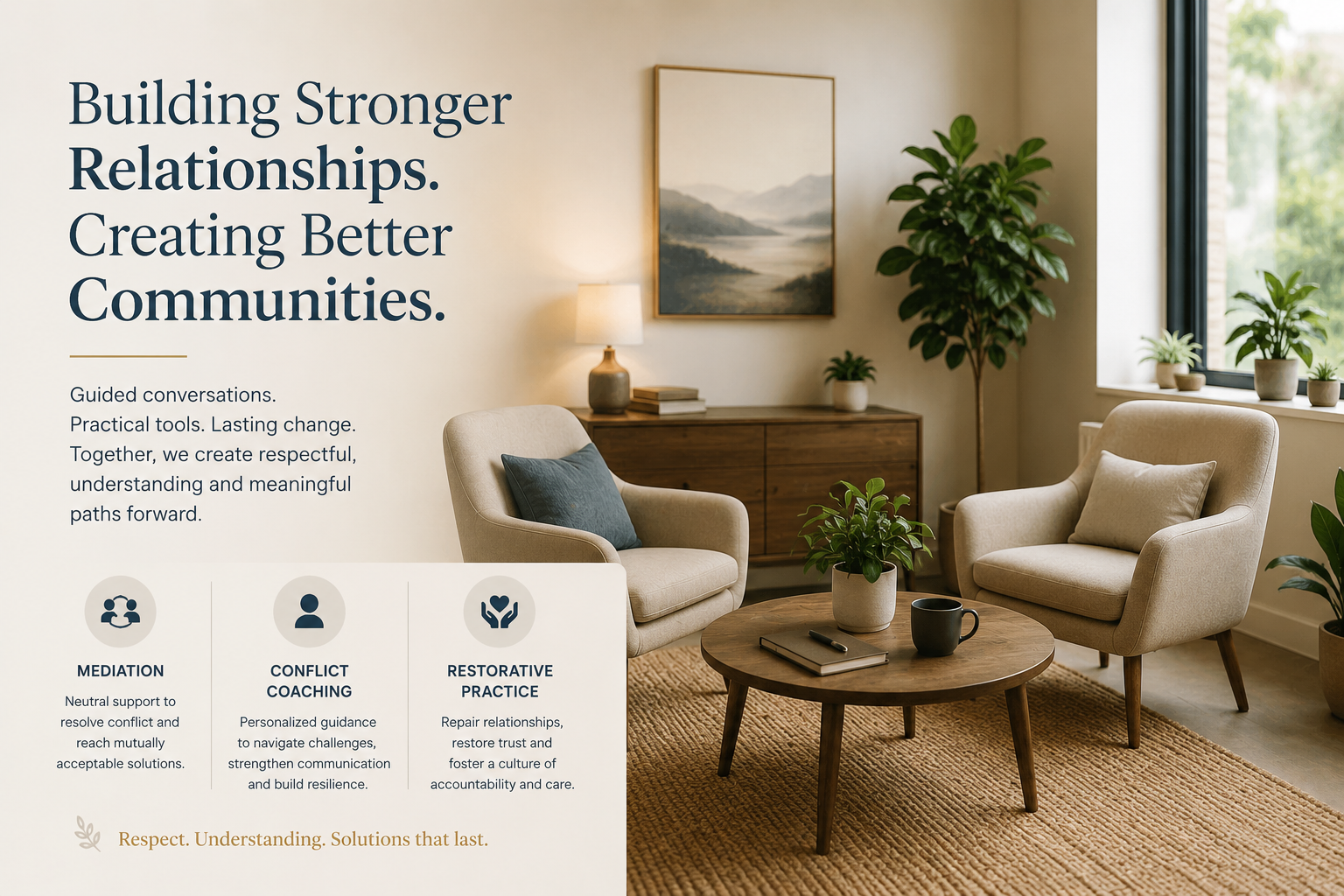 Living room with two beige armchairs, a round wooden coffee table, houseplants, a sideboard, and window with sunlight, with text overlay about building stronger relationships and community support services.