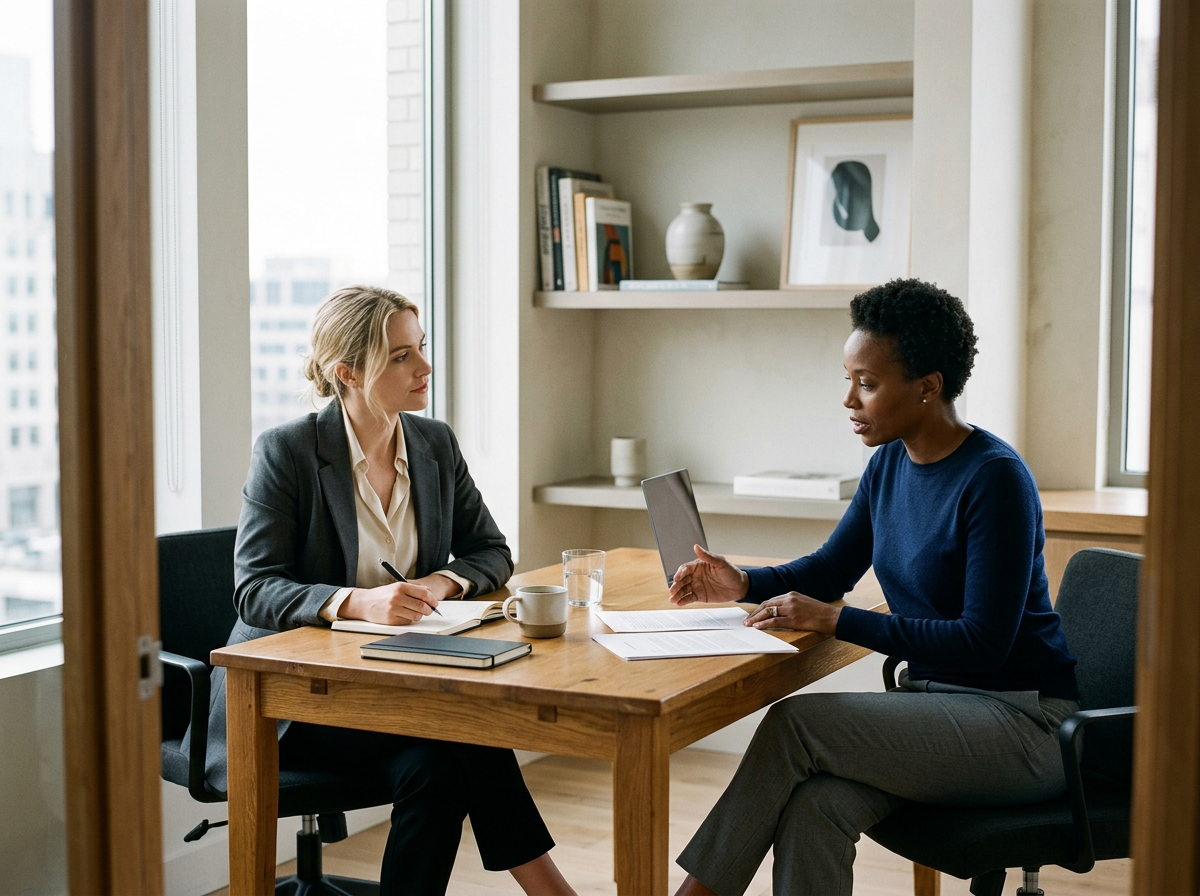 Two women having a meeting at a wooden table in a bright office, with papers, a laptop, and a coffee mug on the table.