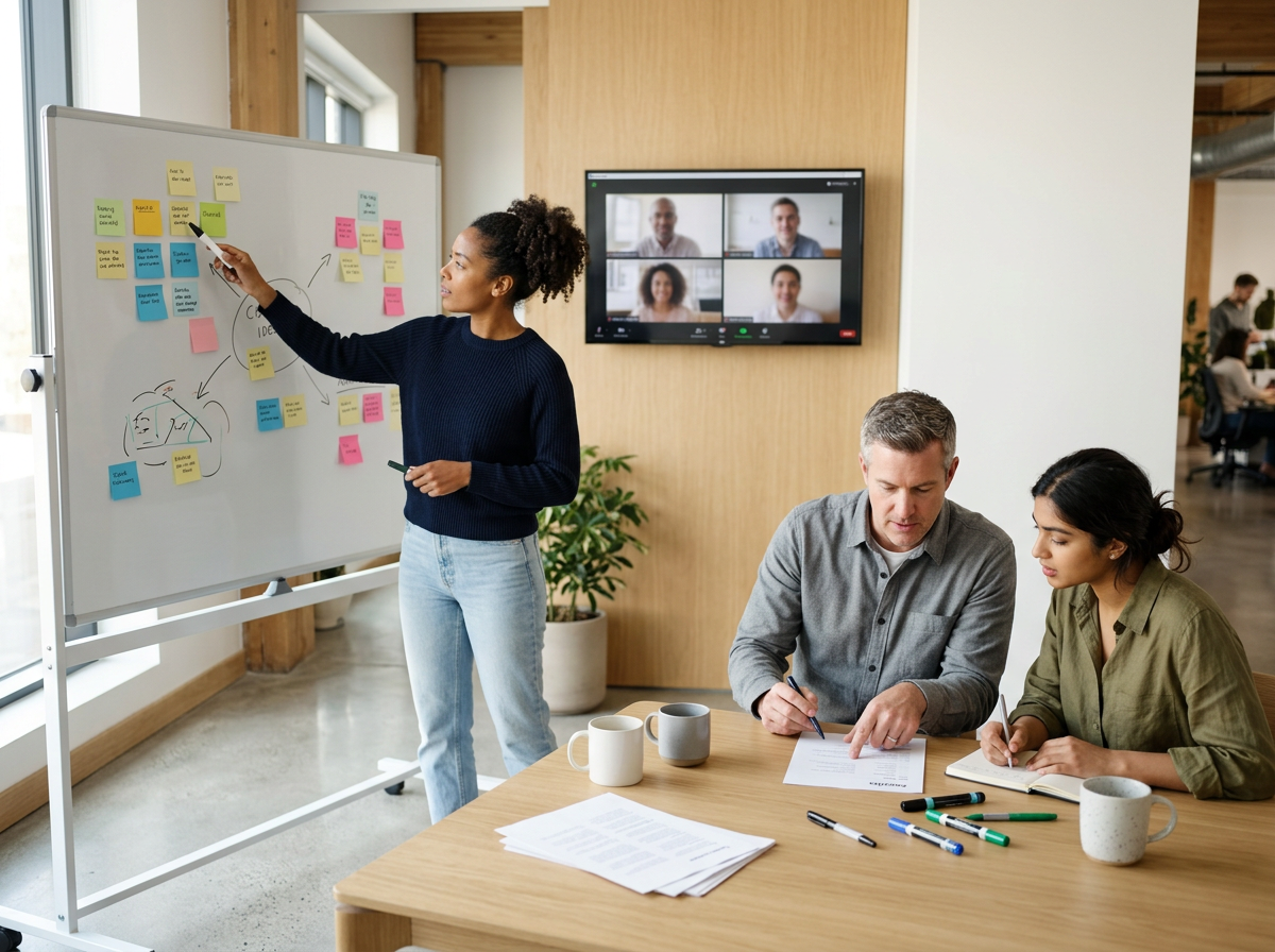 A woman in a dark sweater and jeans points at a whiteboard with colorful sticky notes during a meeting in an office. Two people, a man and a woman, sit at a table with notebooks, pens, and mugs, reviewing documents. A video conference is displayed on a wall-mounted screen showing four participants.