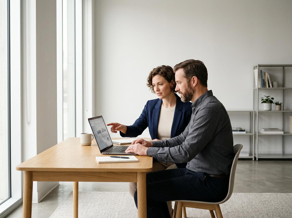 Two professionals, a woman and a man, sitting at a wooden table in an office, looking at a laptop screen and discussing data or graphs.
