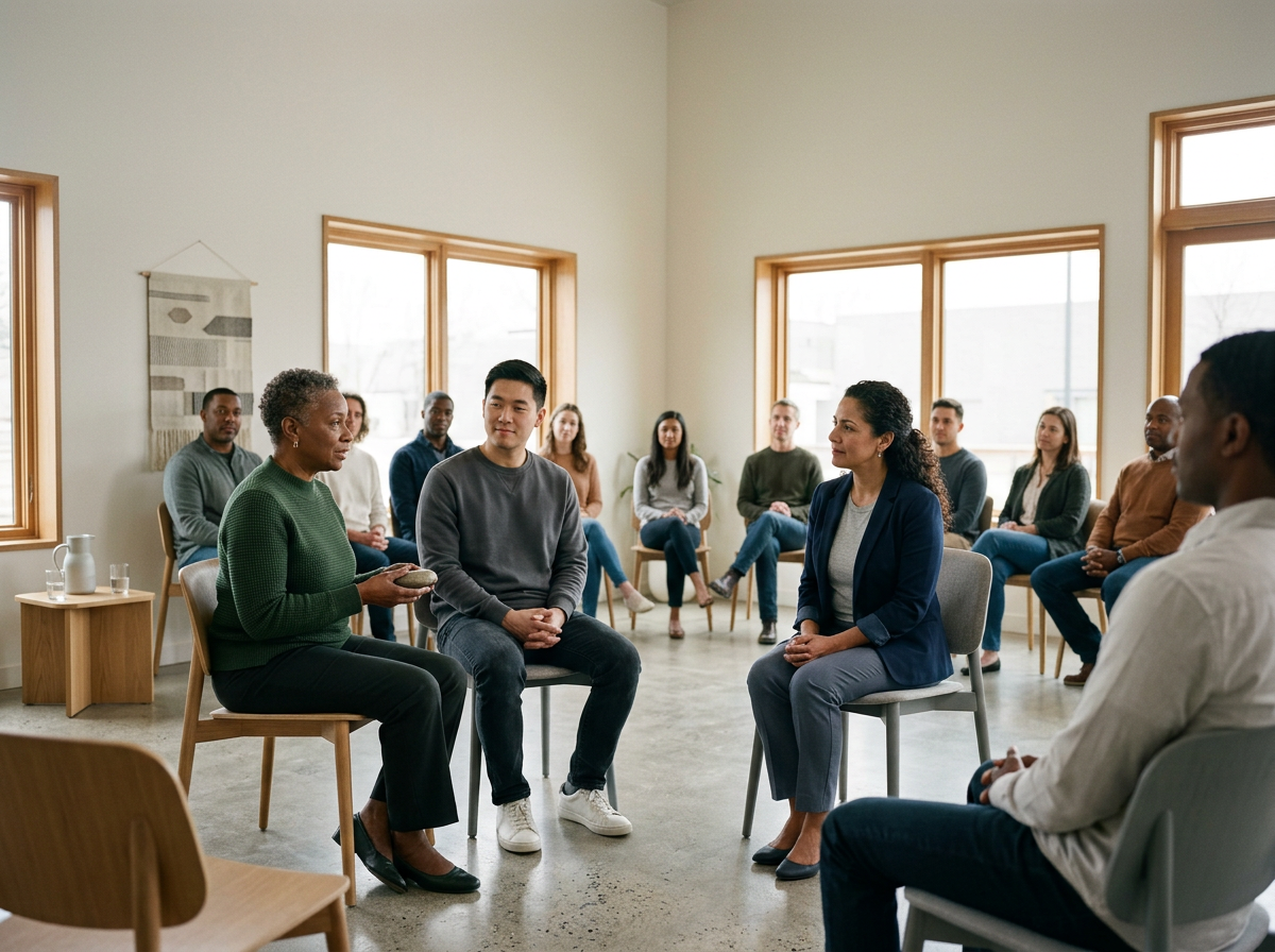 A diverse group of people attending a support or therapy group session in a bright, spacious room with large windows.