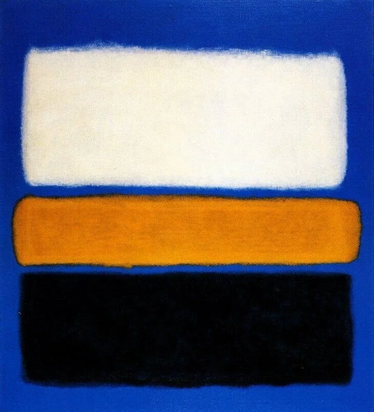 An abstract painting with three horizontal rectangles: a white rectangle on top, an orange rectangle in the middle, and a black rectangle at the bottom, all set against a blue background.