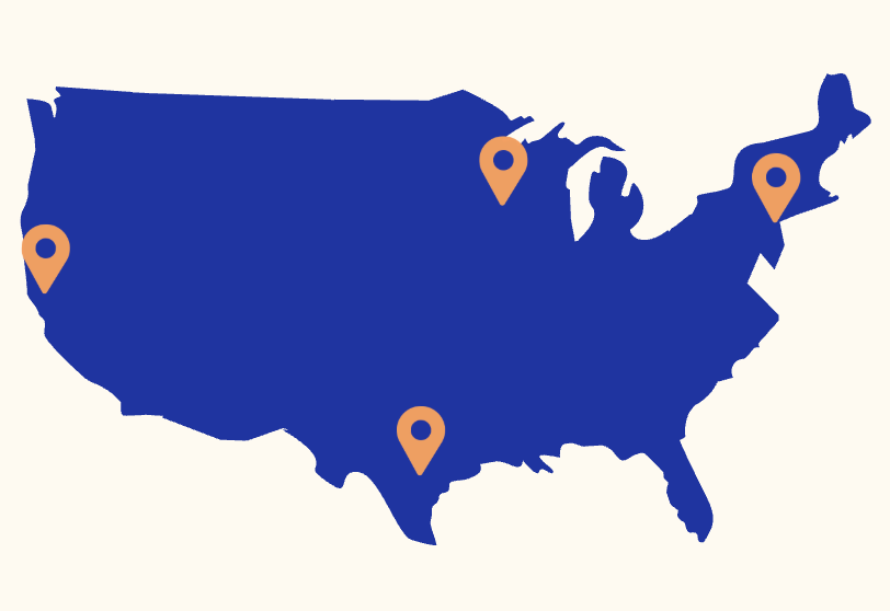 Map of the United States with four location markers.