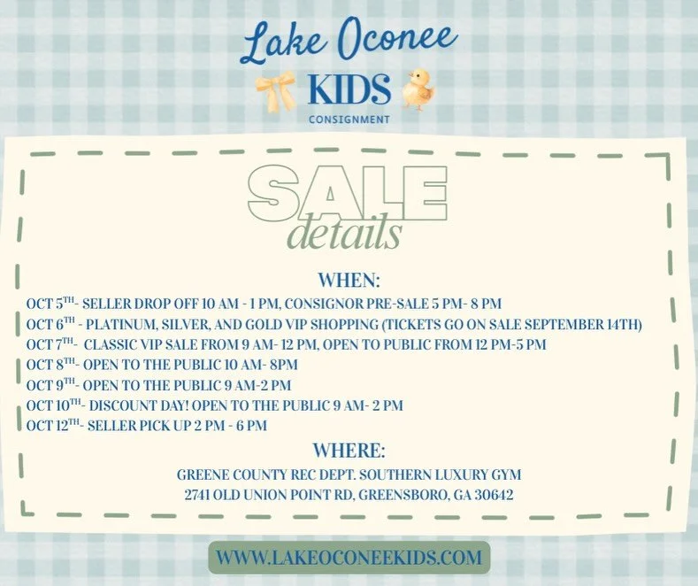 The toys they no longer play with. The clothes they&rsquo;ve already outgrown. The baby gear taking up space in the garage. Turn it into cash with Lake Oconee Kids Consignment! 🩵

Register as a consignor for the October Lake Oconee Kids Consignment 