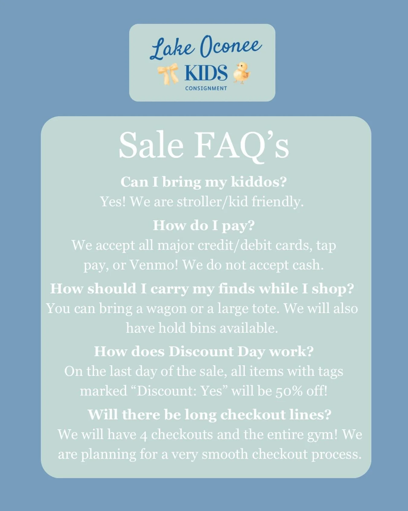 Answering some of our most frequently asked questions about the upcoming October sale! Missed one of your questions? Comment or message us! We can&rsquo;t wait to see you in a couple weekss🩵