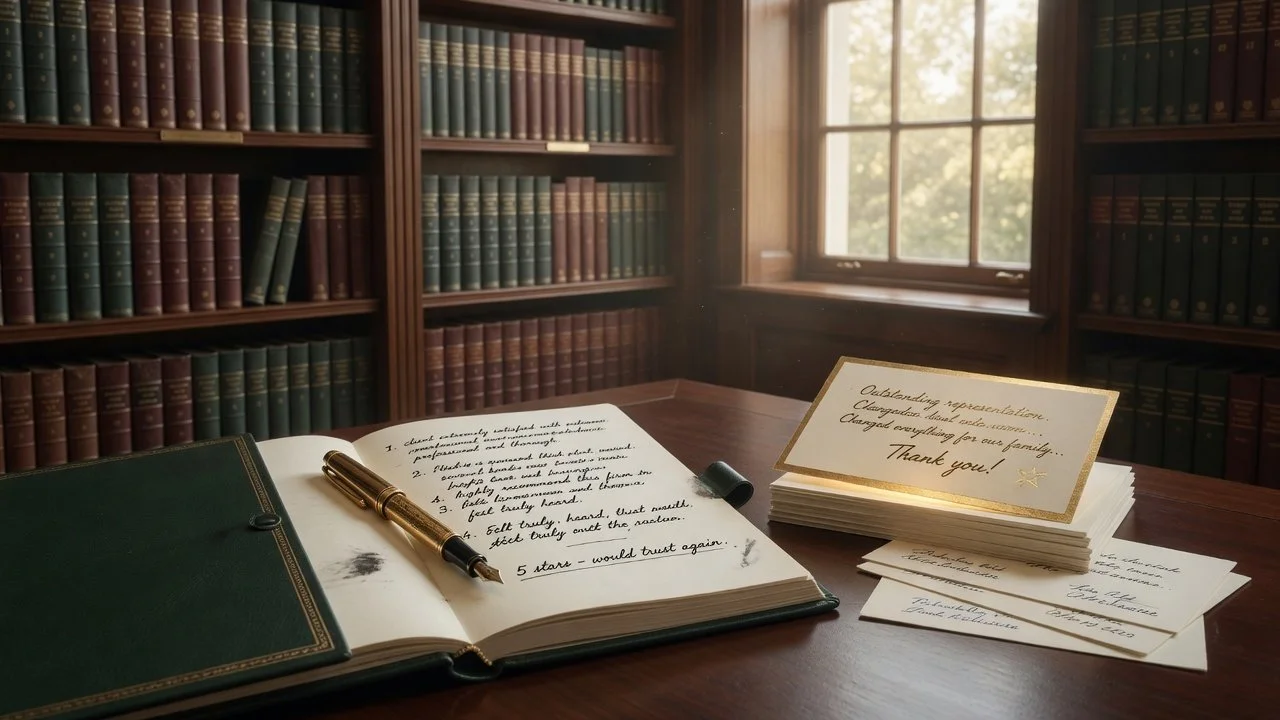 A library room with wooden bookshelves filled with leather-bound books, a window letting in natural light, an open guest book with a pen, and a stack of thank you notes on a wooden table.