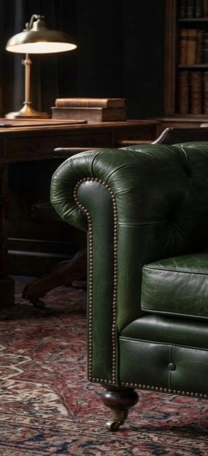Close-up of a vintage green leather chesterfield sofa with brass nailhead trim, set in a cozy library with dark wood furniture, bookshelves, and a desk lamp.