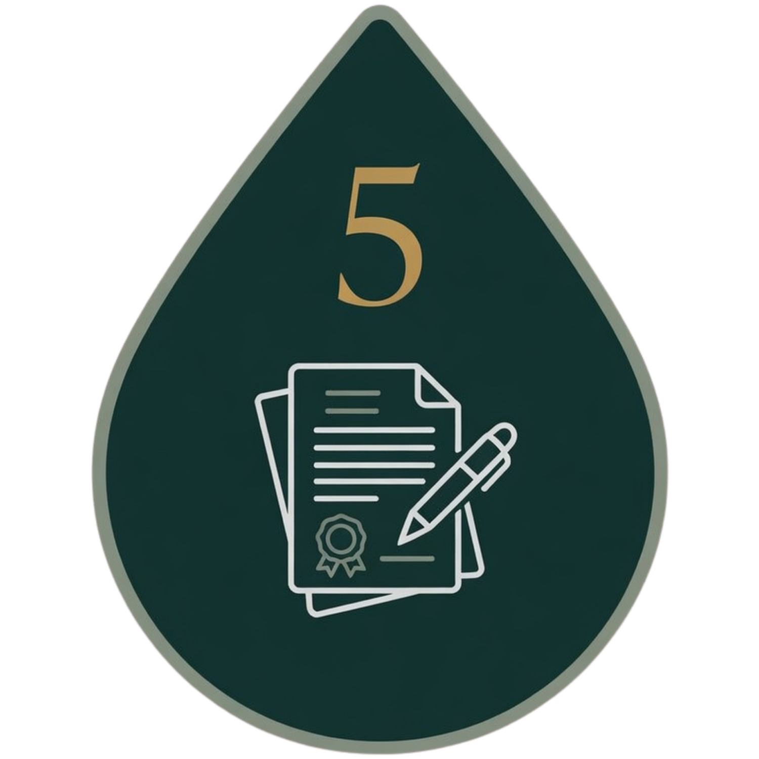 A green shield-shaped icon with a large number 5 at the top and an illustration of documents, a rosette, and a pen at the bottom, representing a certification or milestone related to documentation or certification tasks.