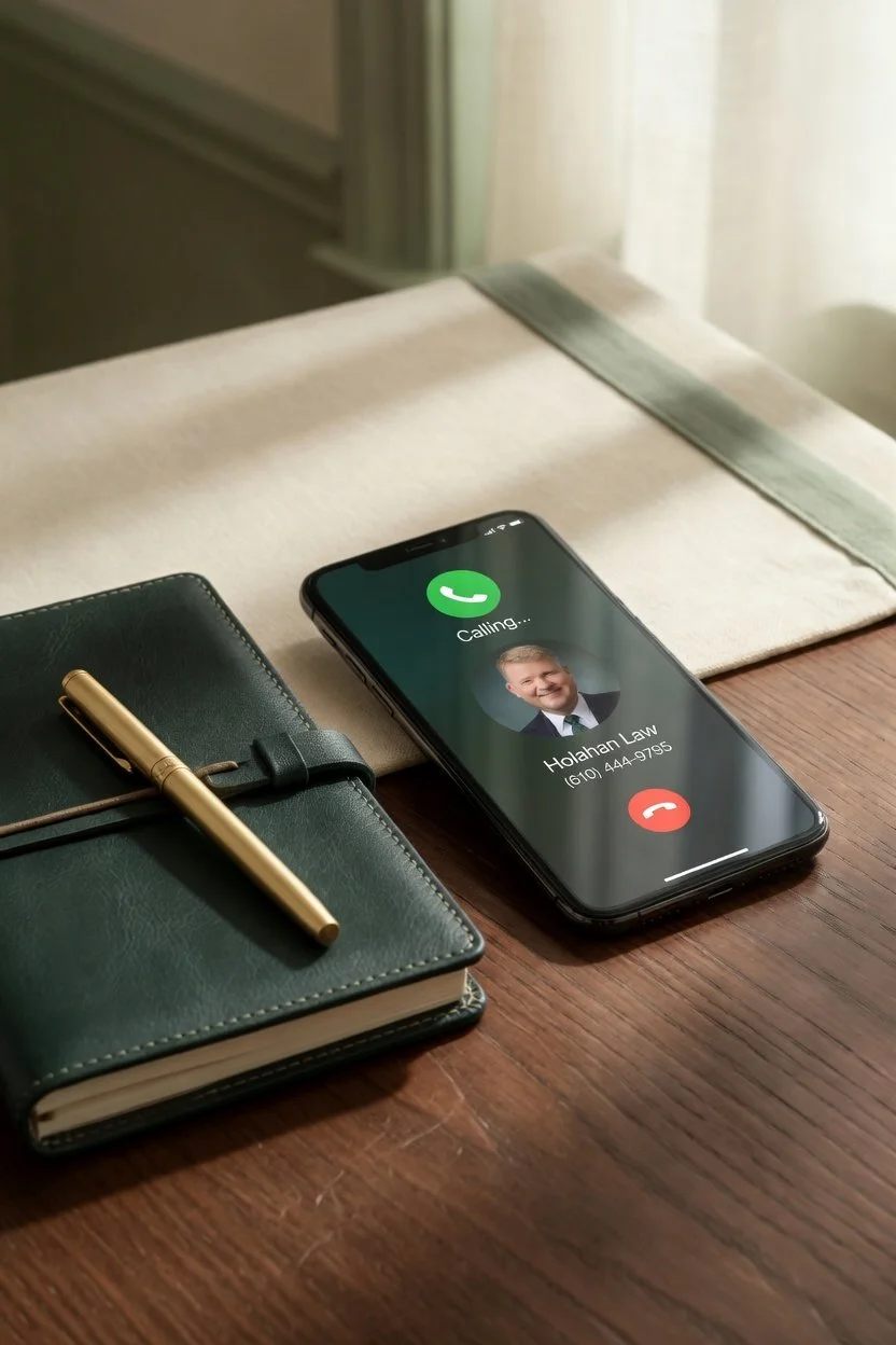 A smartphone displaying an incoming call from Holahan Law, placed on a wooden desk next to a closed green notebook with a gold pen on top, near a window with white curtains.