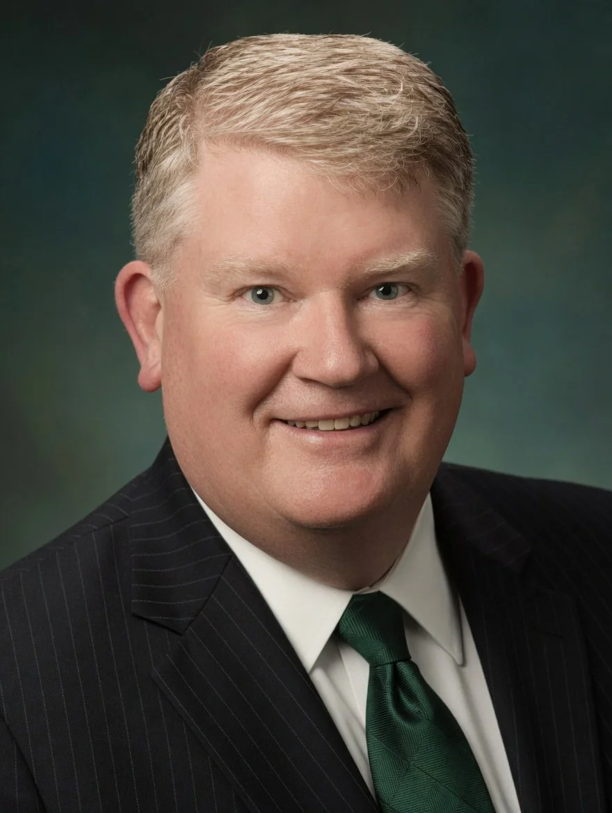 Headshot of a smiling man with blond hair, wearing a dark pinstripe suit, white shirt, and green tie, against a blurred green background.