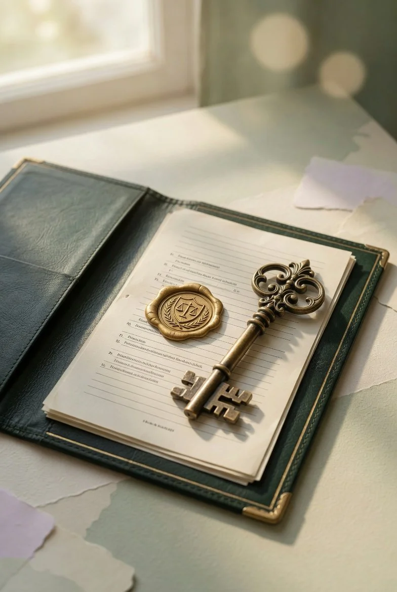 An open folder with a document inside, along with a vintage-style key and a wax seal, resting on a white surface near a window.