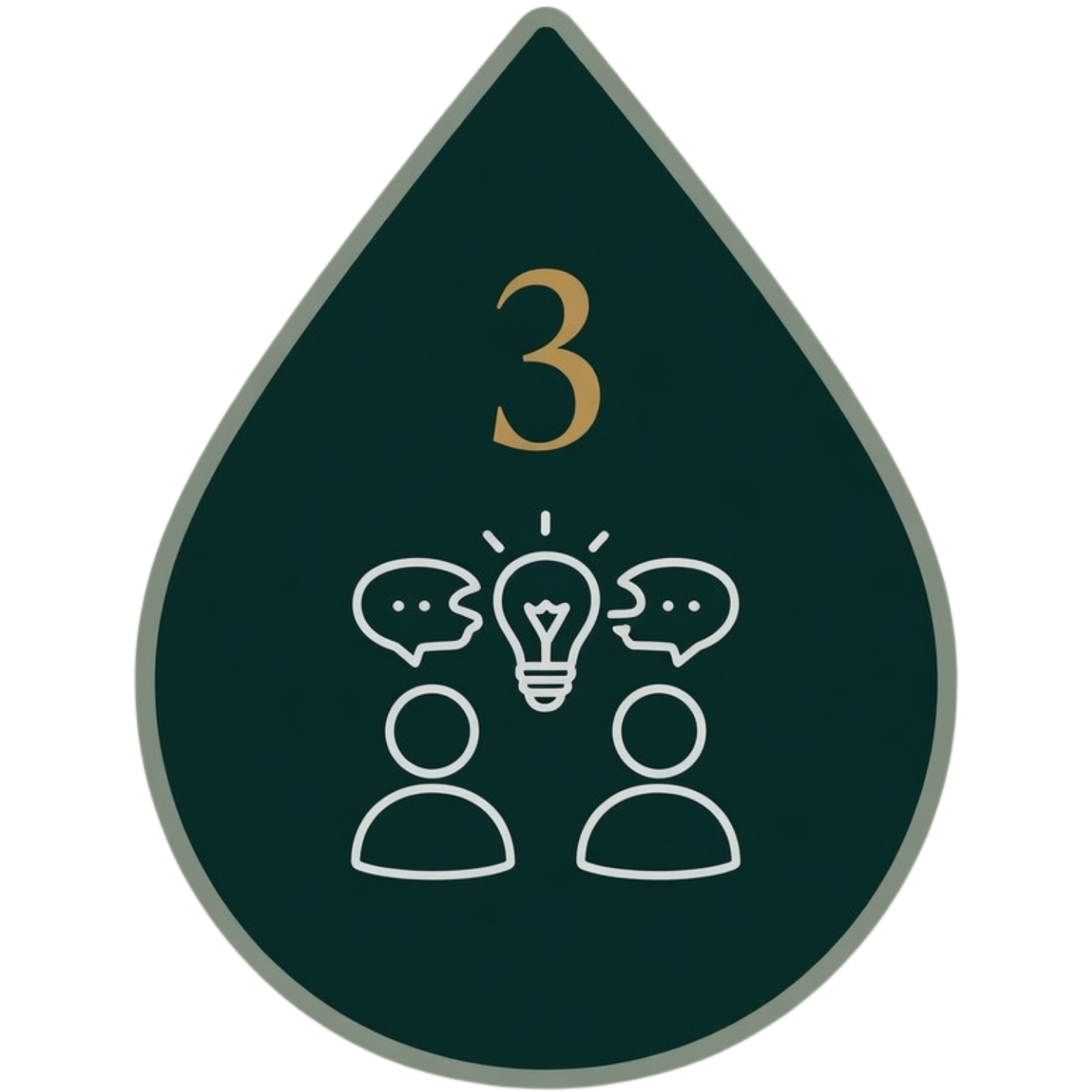 A dark green teardrop-shaped icon with the number 3 at the top and a white outline illustration of two people, a light bulb, and two speech bubbles in the center.
