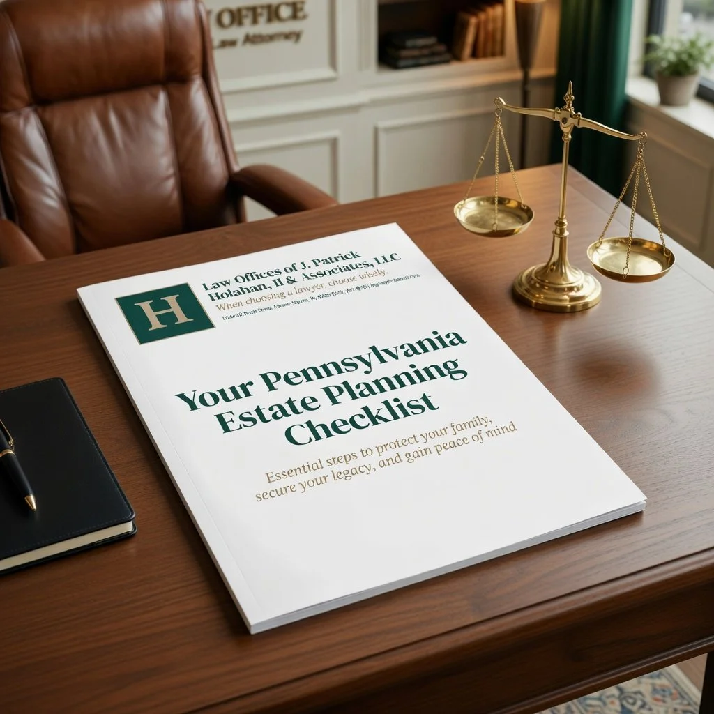 A booklet titled 'Your Pennsylvania Estate Planning Checklist' is on a wooden desk, accompanied by a gold balance scale, a black notebook, and a pen. The desk is in an office with a leather chair, bookshelves, and a window with potted plants.