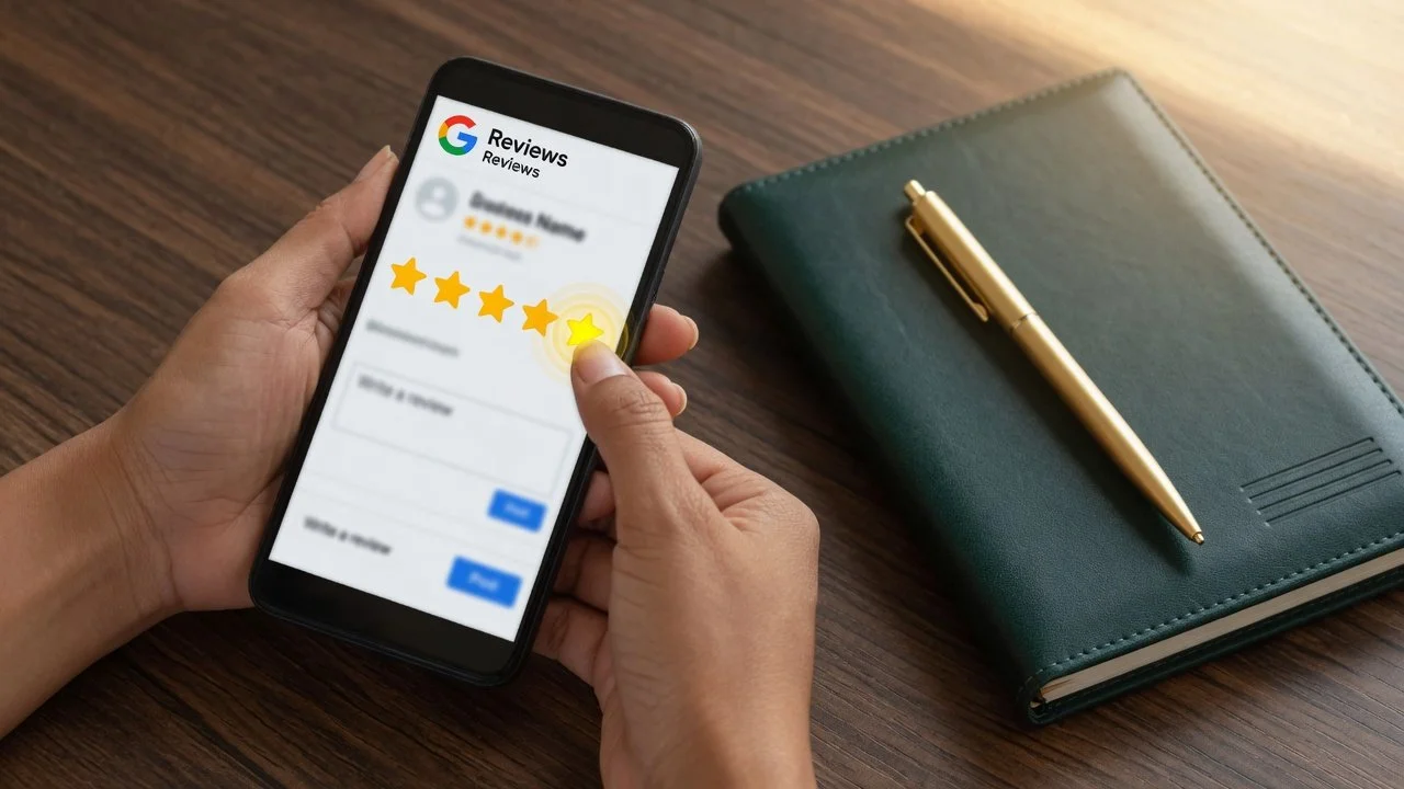 Person reviewing a five-star rating on a mobile phone screen, with a closed green notebook and a gold pen on a wooden desk.