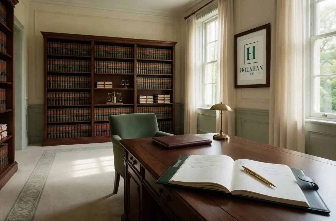 A law office with a large wooden desk, an open guestbook, a pen, a computer mouse, and a desk lamp. There are bookshelves filled with law books, a framed law firm sign on the wall, and large windows with curtains providing natural light.