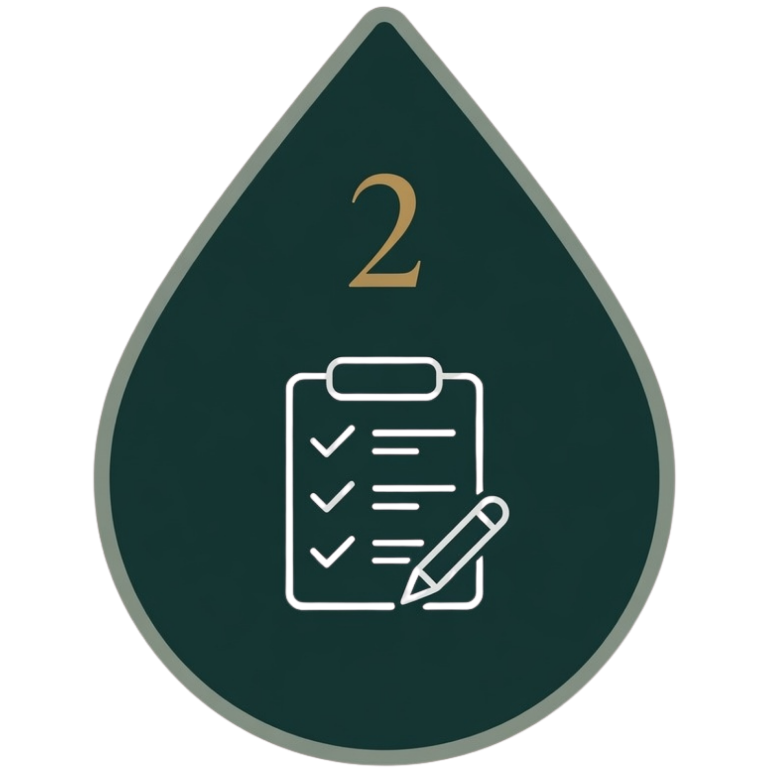 An icon of a checklist on a clipboard with a pen, with a large number 2 above it, set against a dark green background.