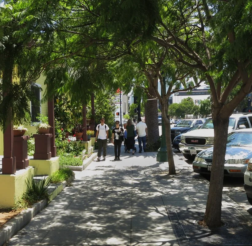 Street sidewalk with trees casting shadows, pedestrians walking, parked cars on the side, buildings in the background.