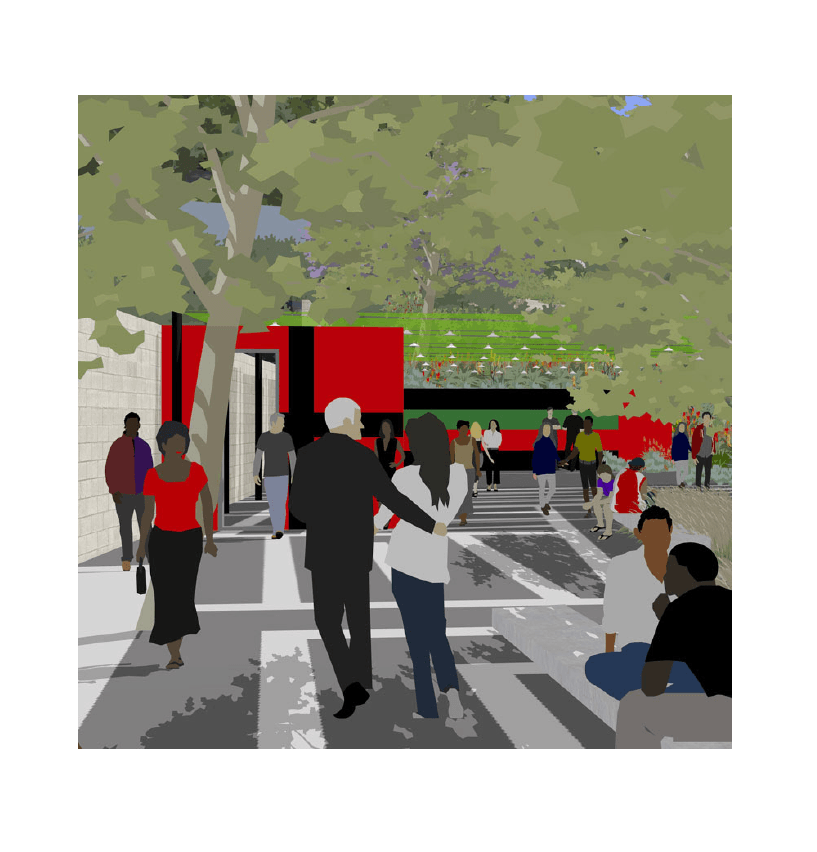 A colorful illustration of a busy outdoor urban park scene with people walking, talking, and sitting near trees and a modern red and black building.
