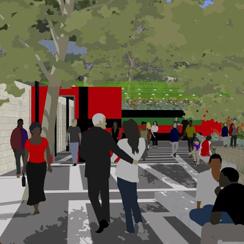 Illustration of a diverse group of people walking in an urban park with trees and a colorful mural or art installation in the background.